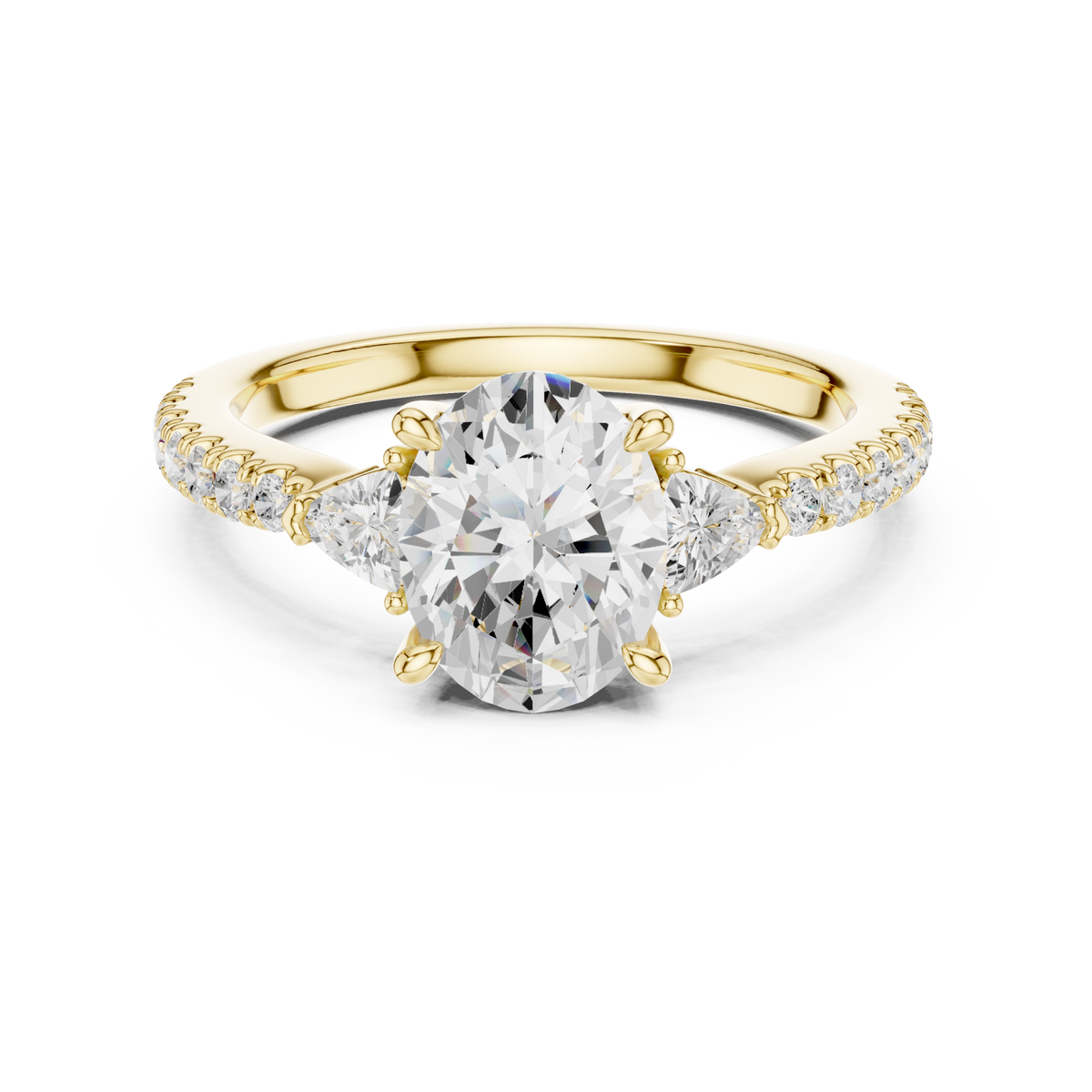 Oval trillion side three stone pave engagement ring yellow gold detail view