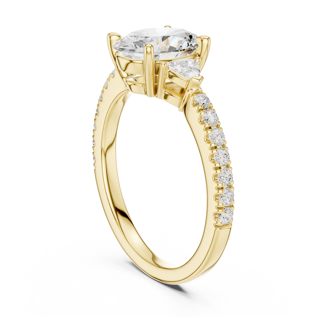 Oval trillion side three stone pave engagement ring yellow gold front view