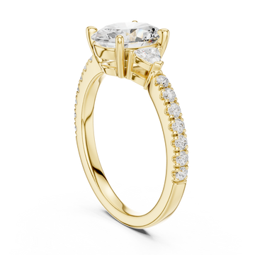 Oval trillion side three stone pave engagement ring yellow gold front view