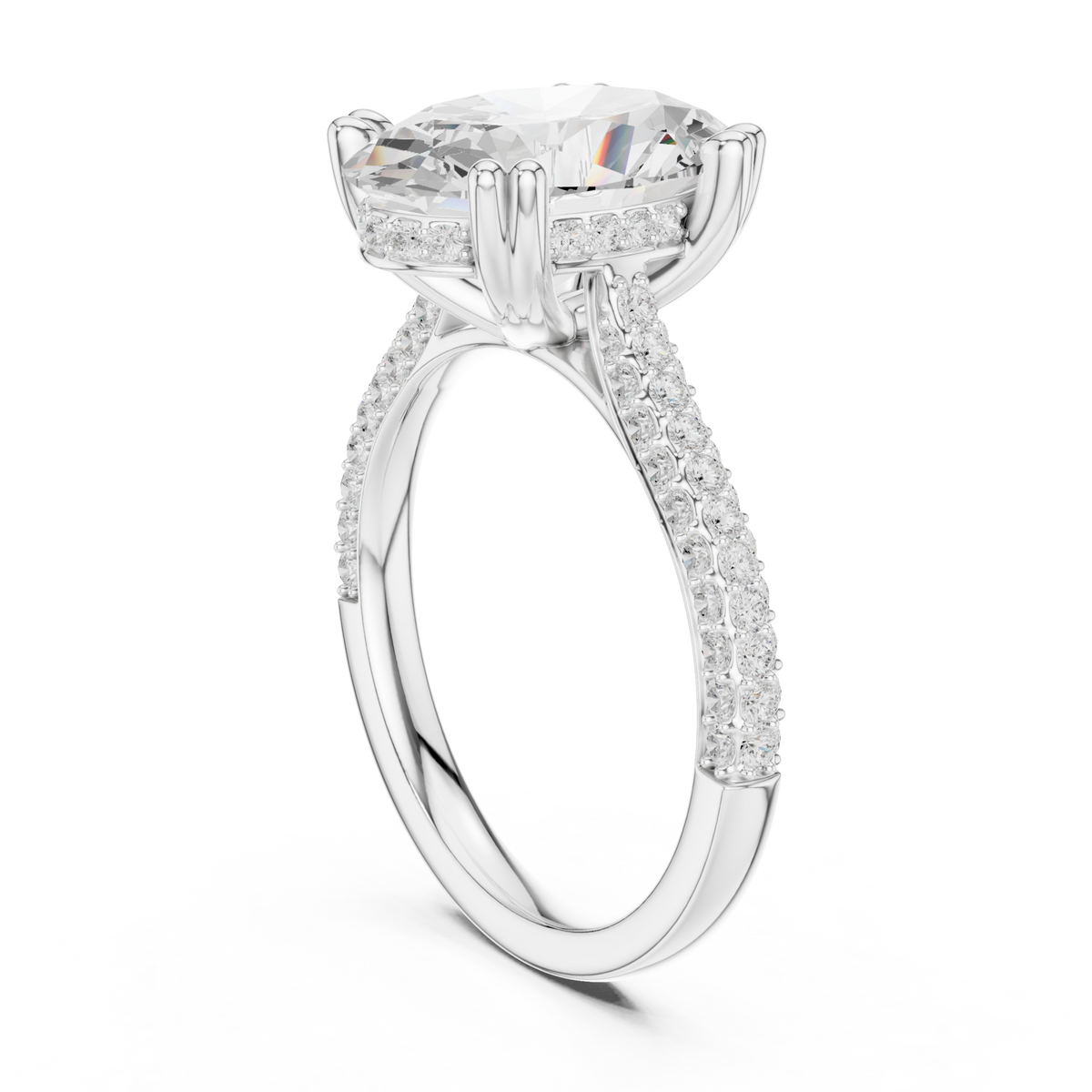 Oval triple-row pave engagement ring white gold front view