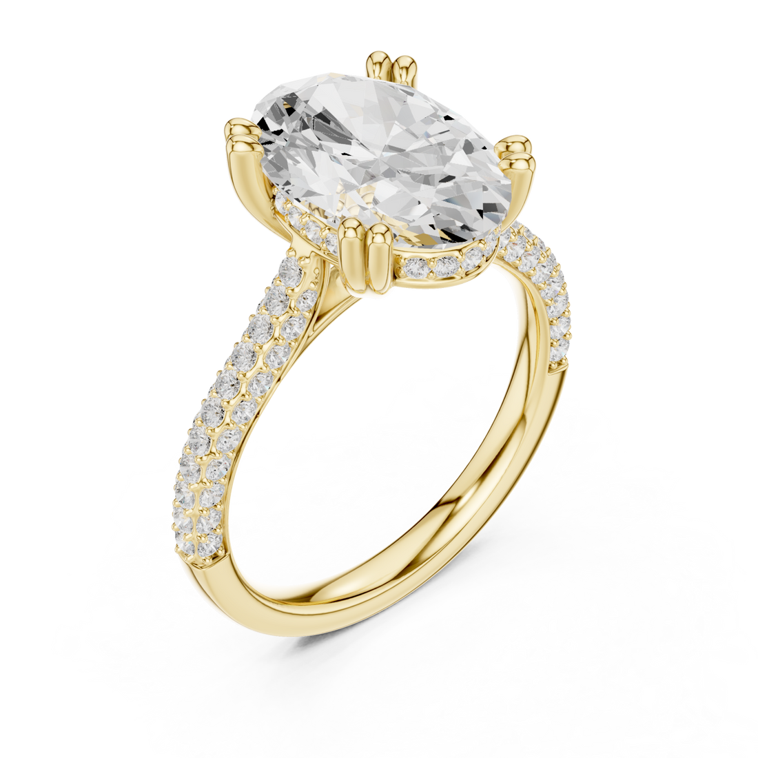 Oval triple-row pave engagement ring yellow gold front view