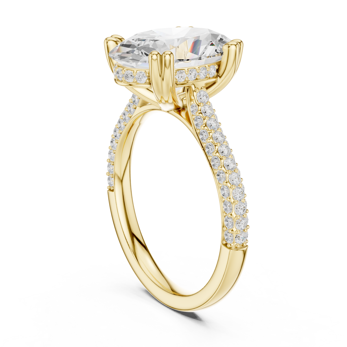 Oval triple-row pave engagement ring yellow gold front view