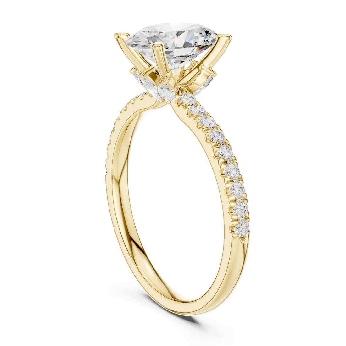 Oval tulip basket pave engagement ring yellow gold front view