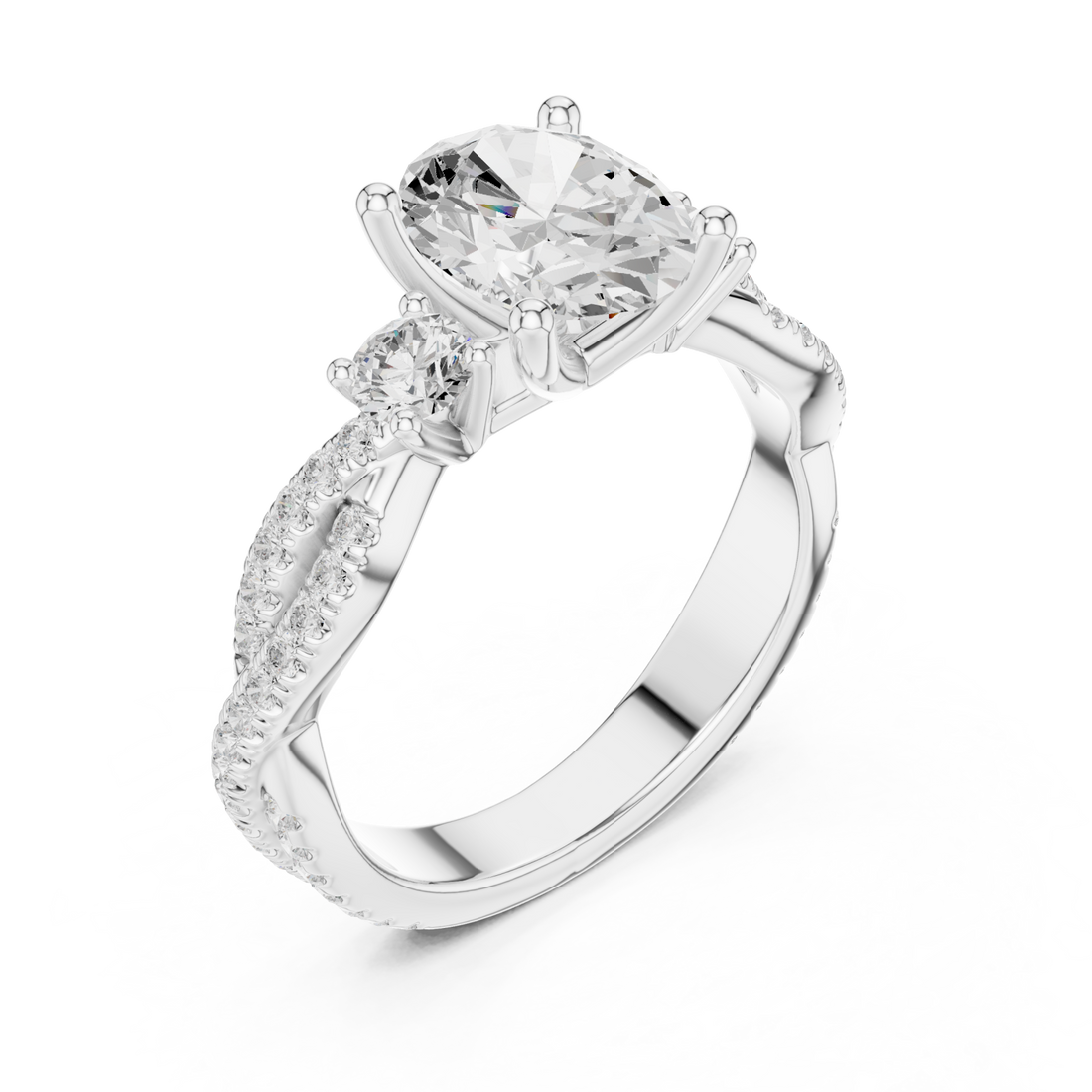 Oval twist three stone engagement ring white gold front view