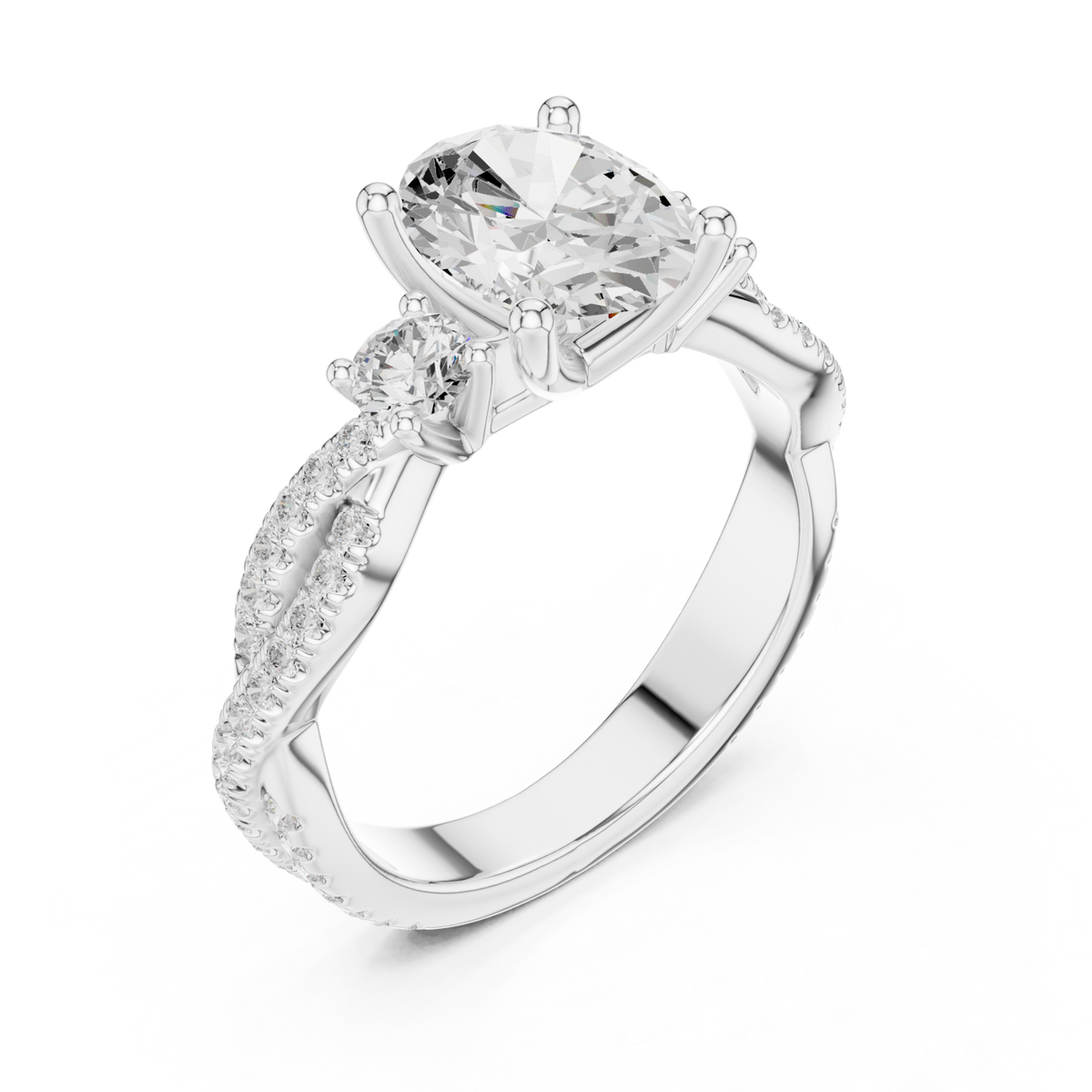 Oval twist three stone engagement ring white gold angle view