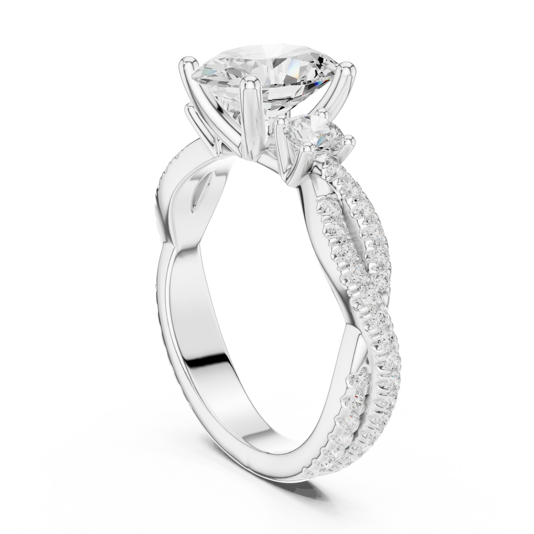 Oval twist three stone engagement ring white gold front view