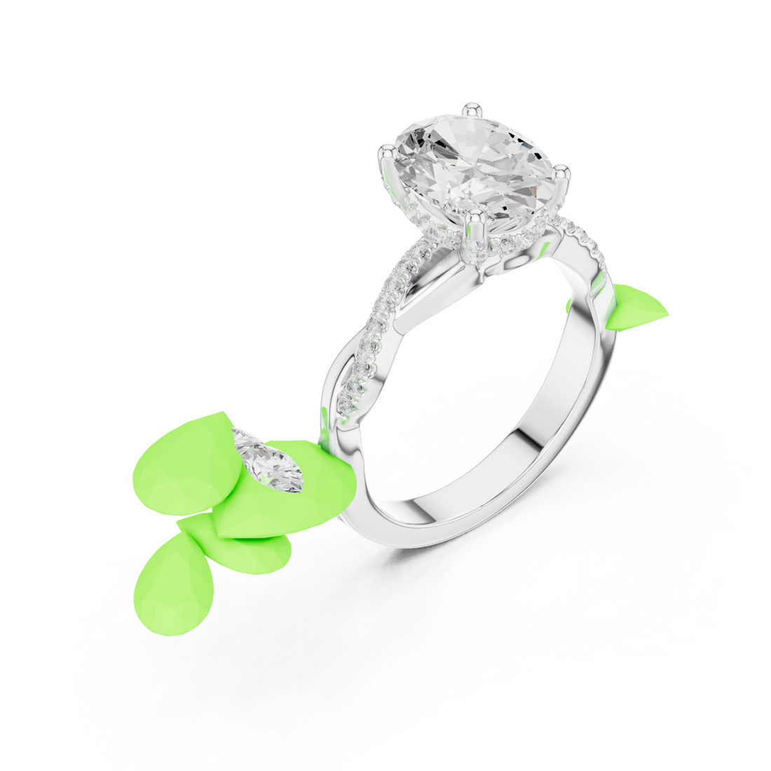 Oval twisted vine pave engagement ring white gold front view