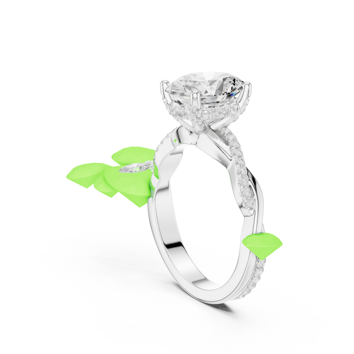 Oval twisted vine pave engagement ring white gold front view