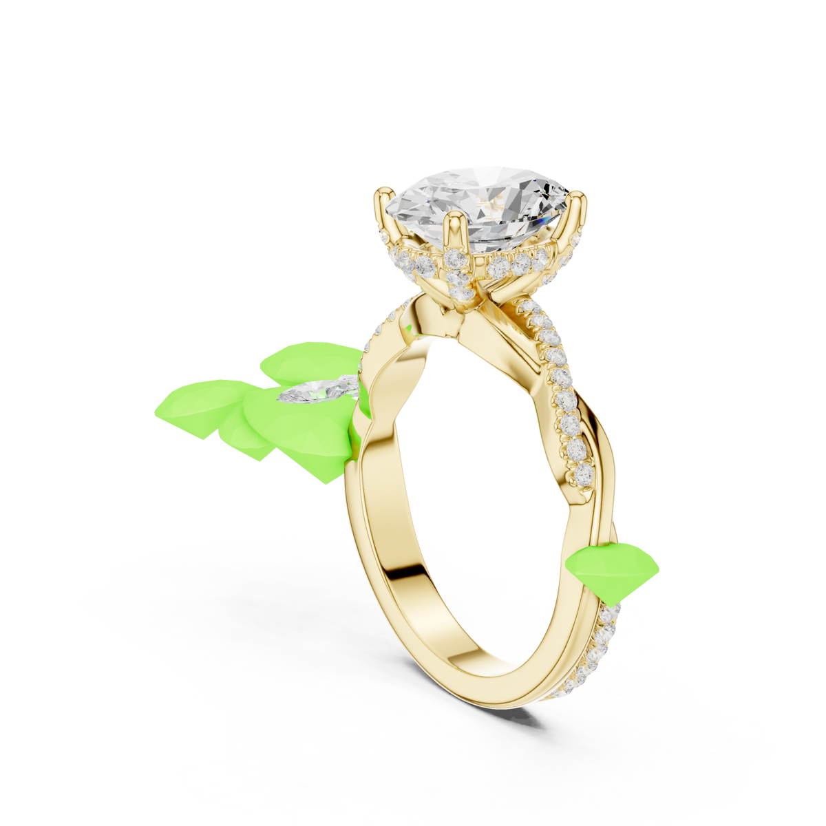 Oval twisted vine pave engagement ring yellow gold front view
