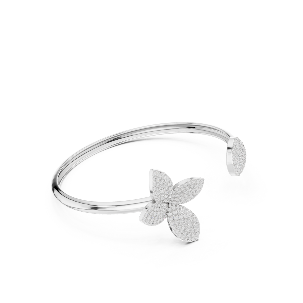  White Gold Pave Blossom Open Cuff Bracelet Front View