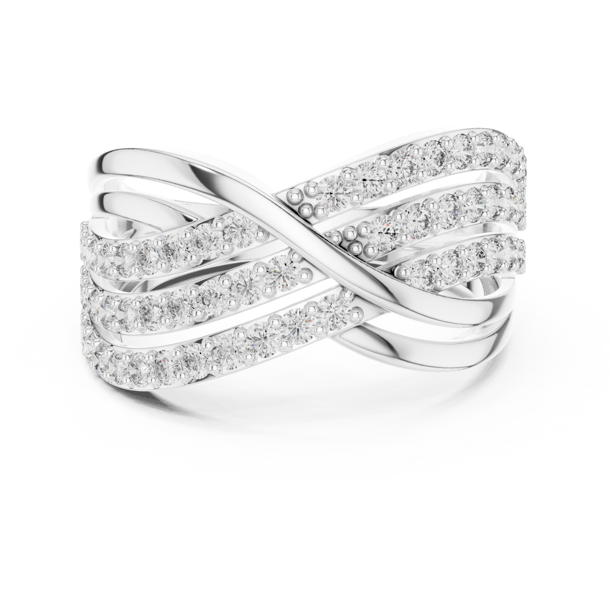 Pave crossover highway ring white gold detail view