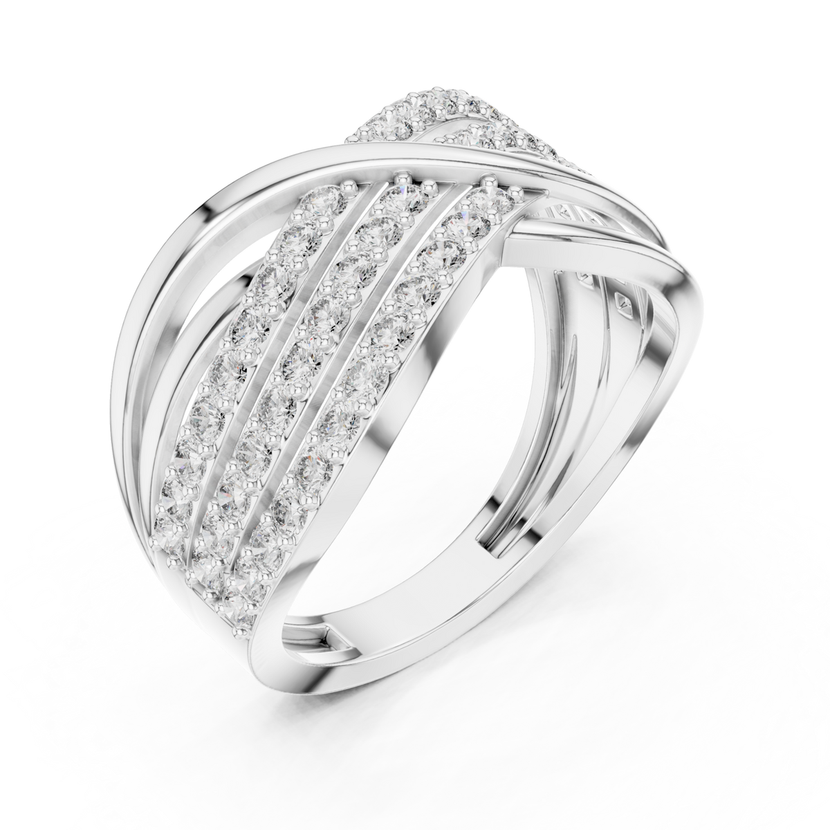 Pave crossover highway ring white gold front view