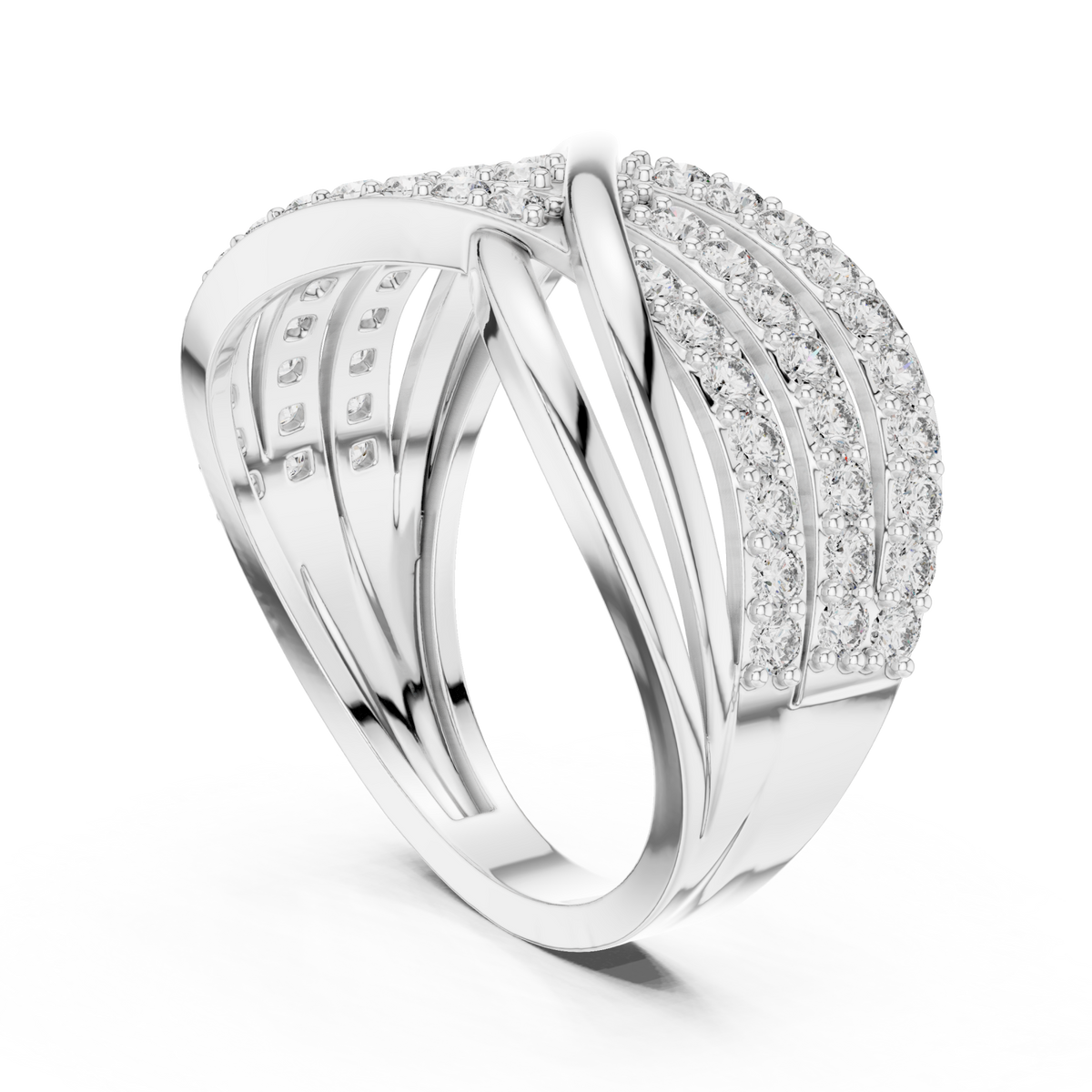 Pave crossover highway ring white gold side view