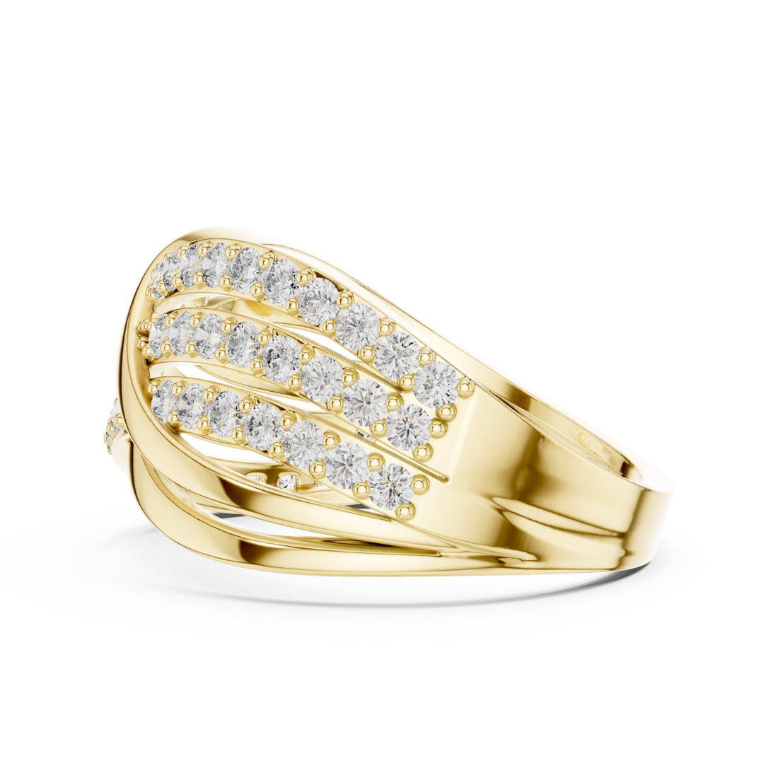 Pave crossover highway ring yellow gold front view
