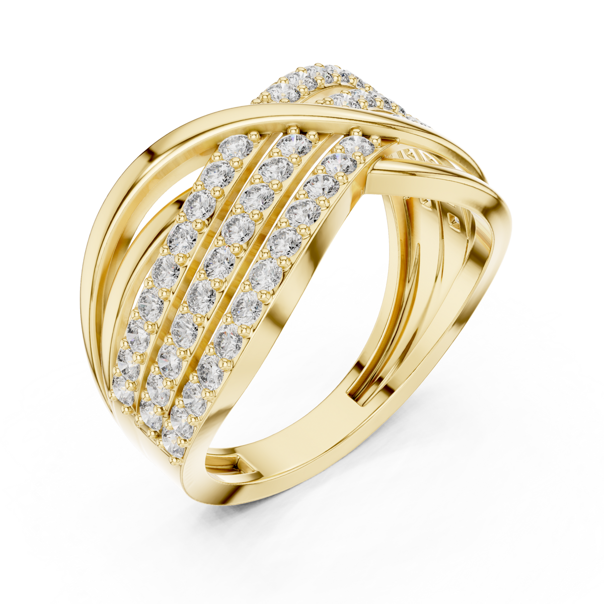 Pave crossover highway ring yellow gold front view