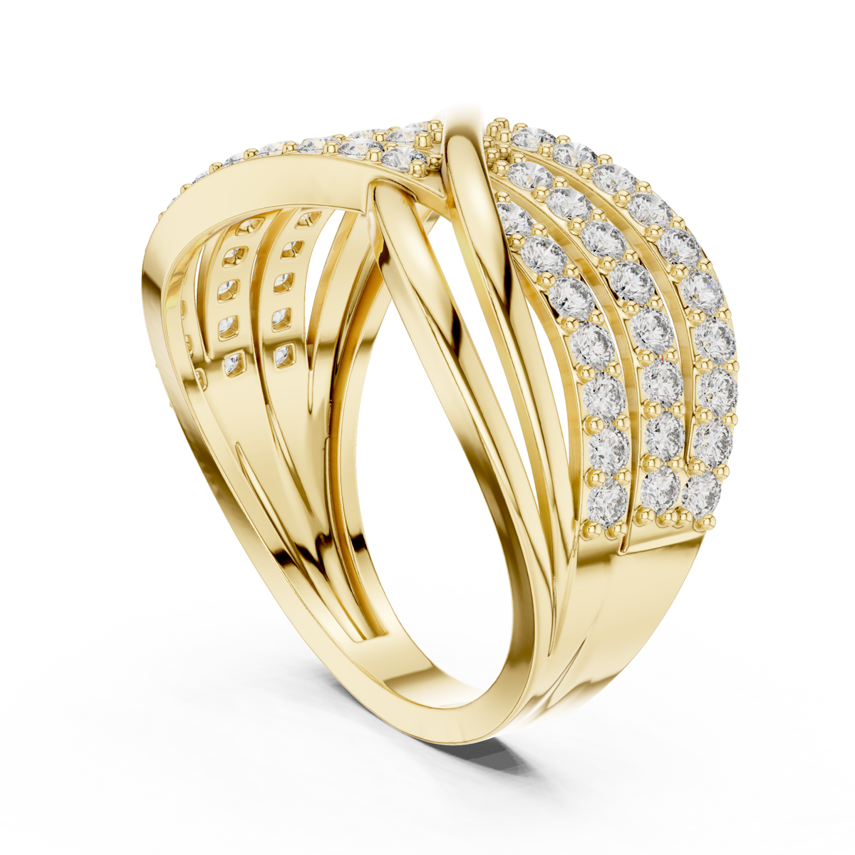 Pave crossover highway ring yellow gold side view