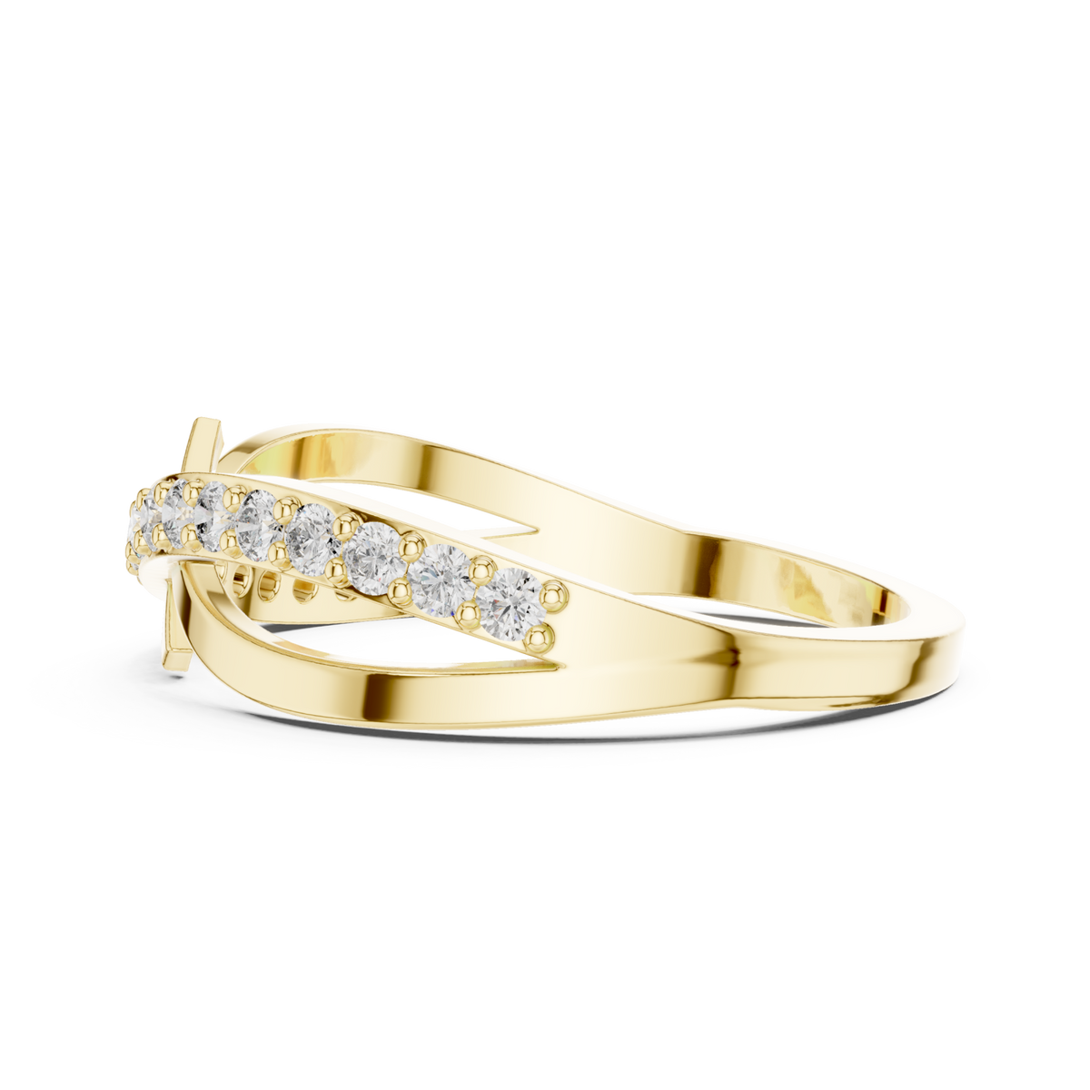 Pave crossover x ring yellow gold angle view