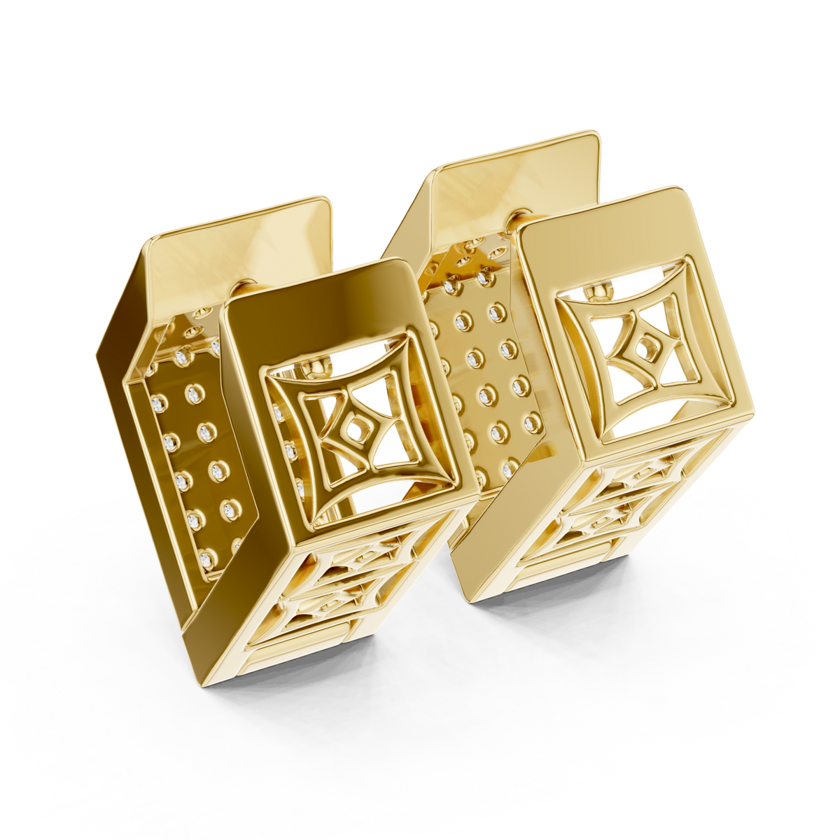  Gold Pave Grid Square Huggie Hoops Angle View