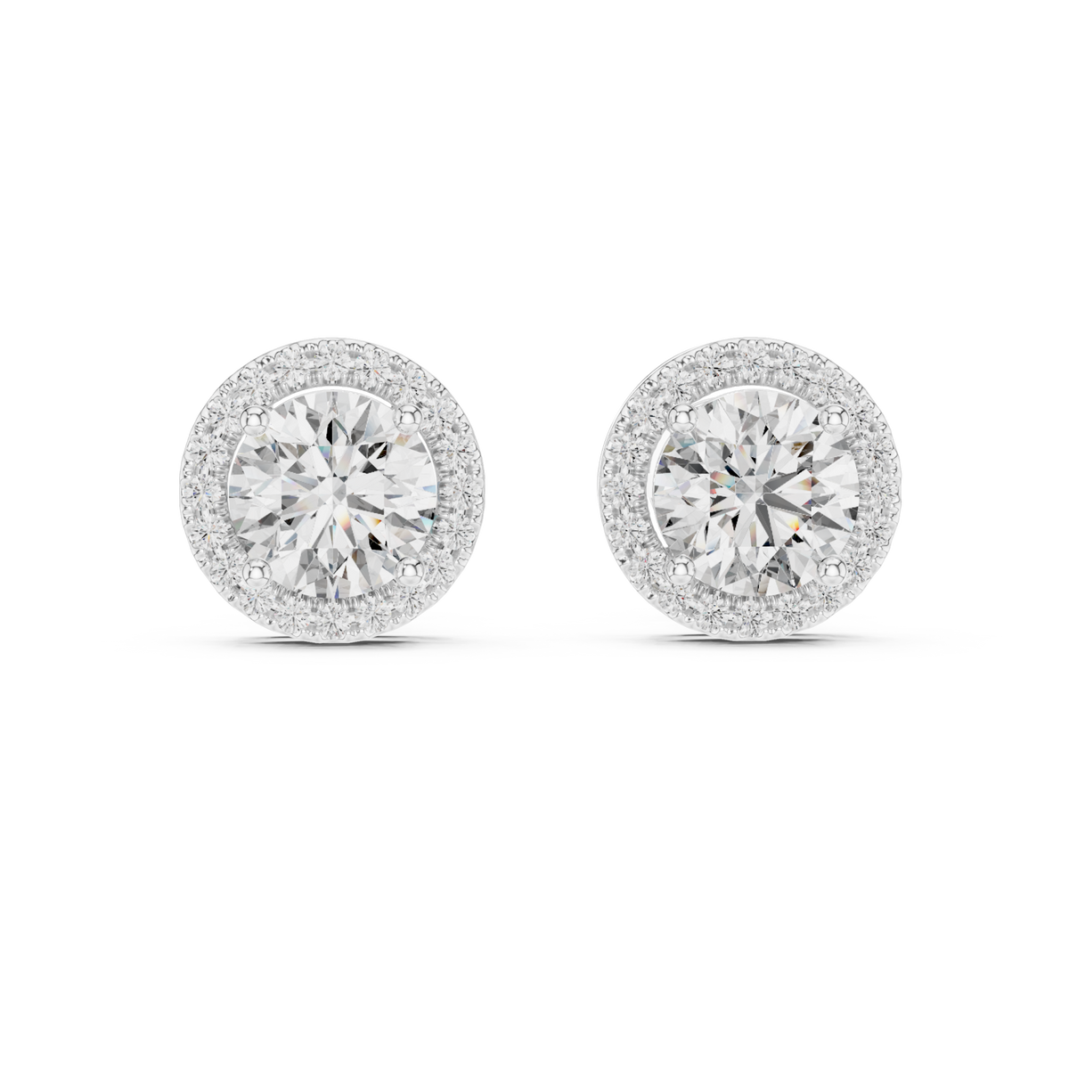  White Gold Pave Halo Round Studs Detail View