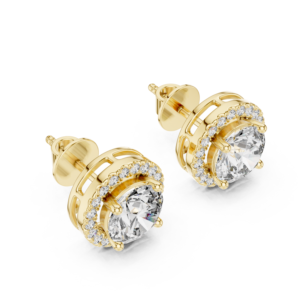  Gold Pave Halo Round Studs Angle View