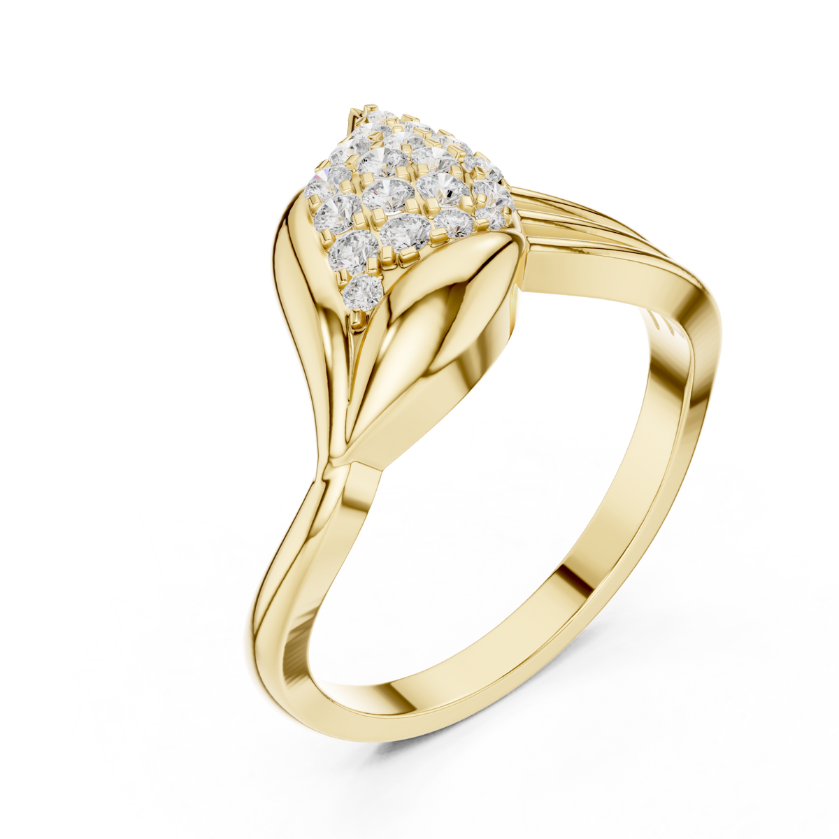 Pave leaf cluster twist ring yellow gold front view