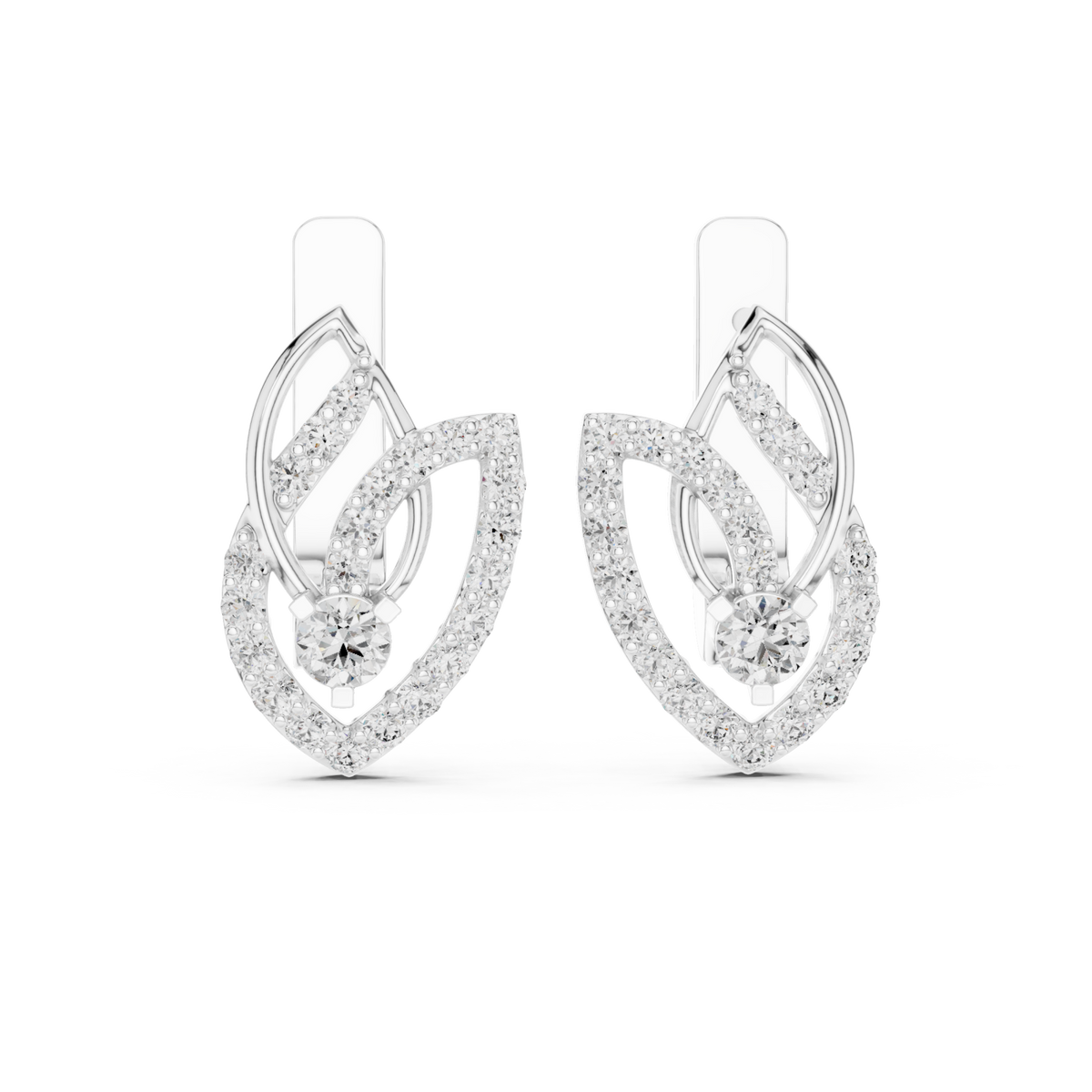 White Gold Pave Leaf Twist Earrings Detail View