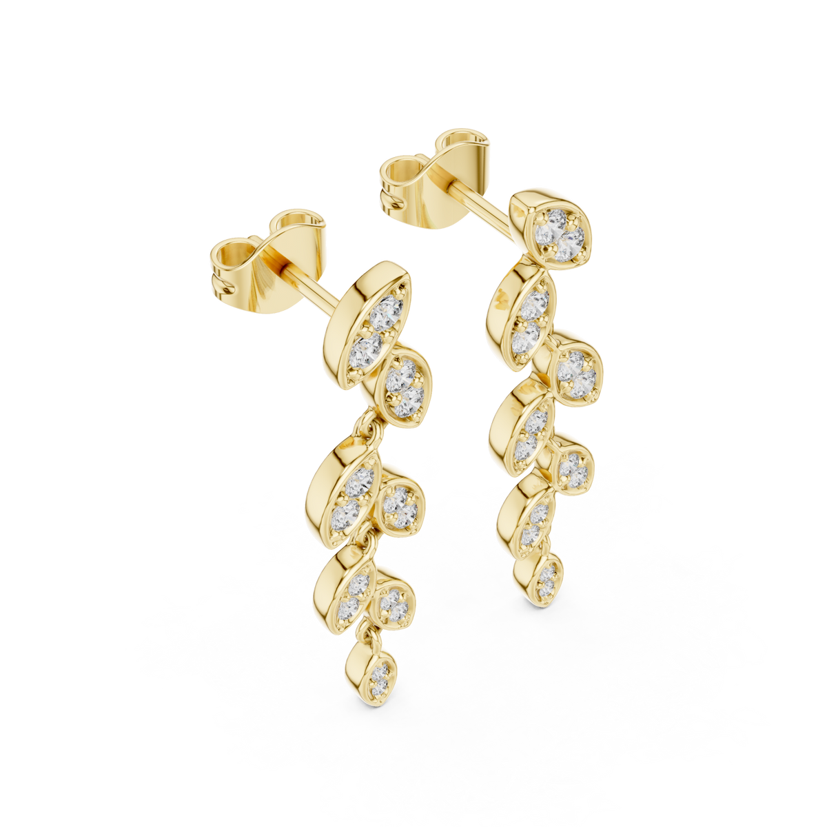 Gold Pave Leaf Vine Drop Earrings Front View