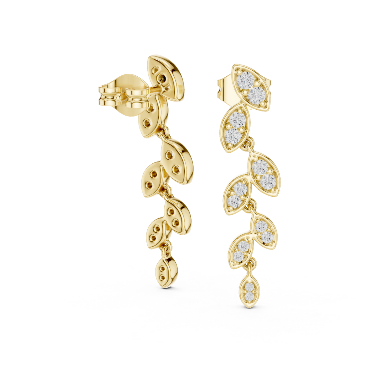  Gold Pave Leaf Vine Drop Earrings Side View