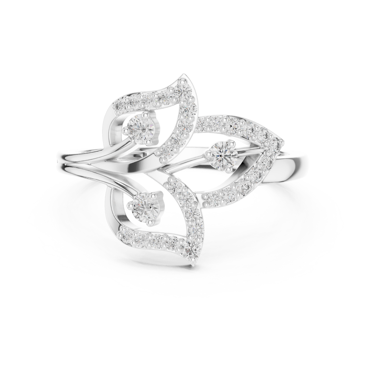 Pave leaf wrap ring white gold detail view