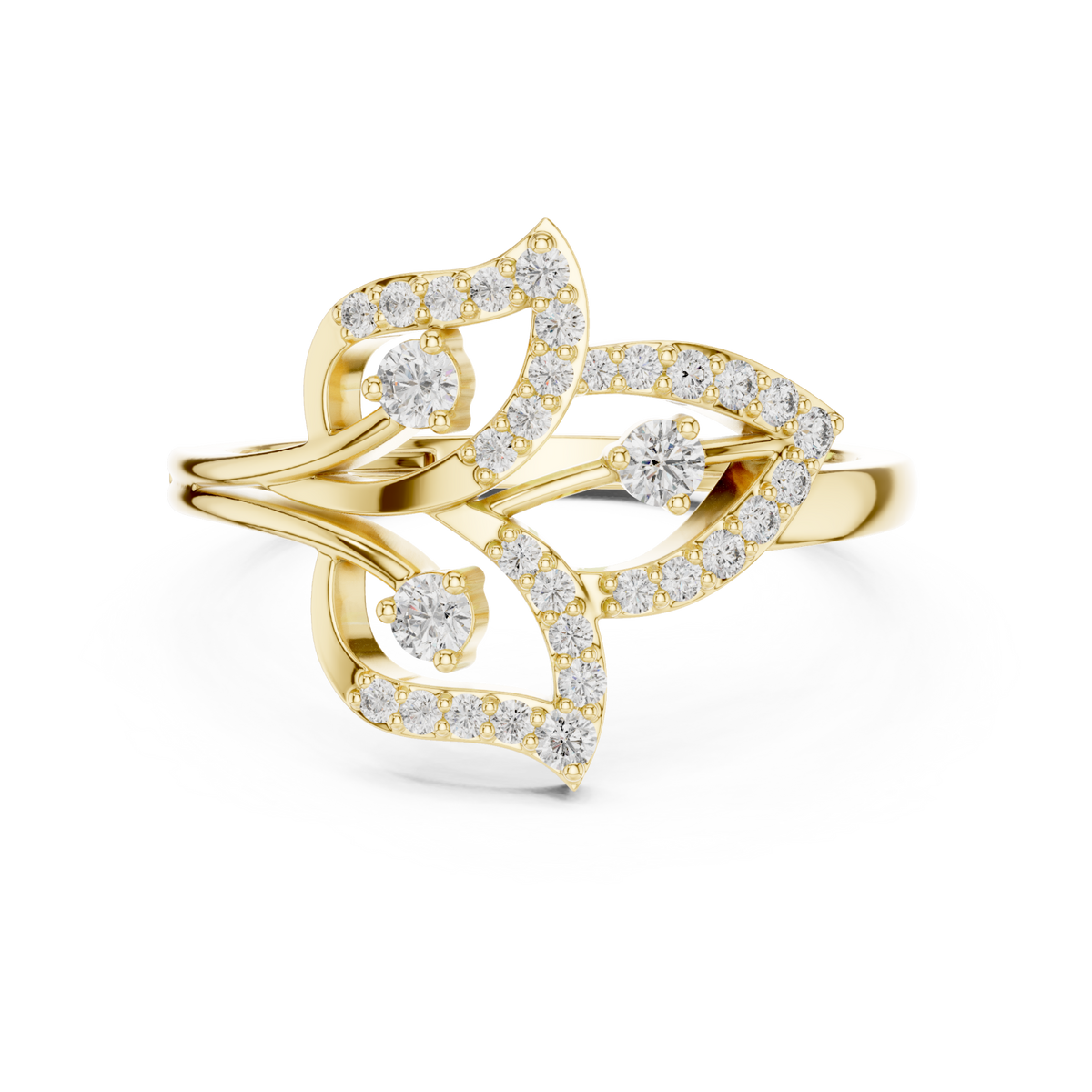 Pave leaf wrap ring yellow gold detail view