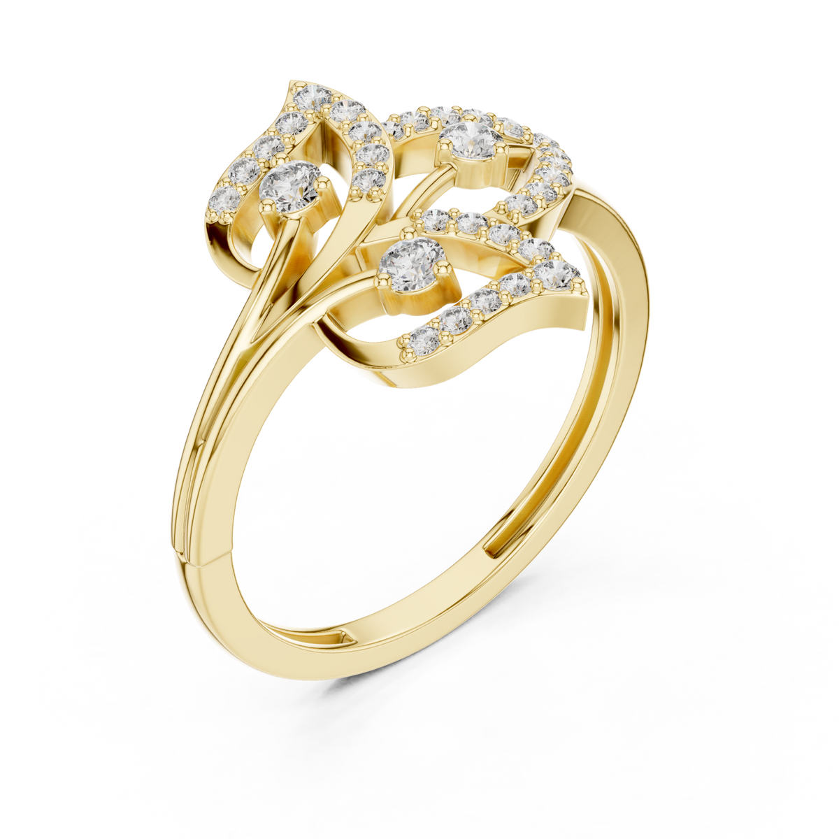 Pave leaf wrap ring yellow gold front view