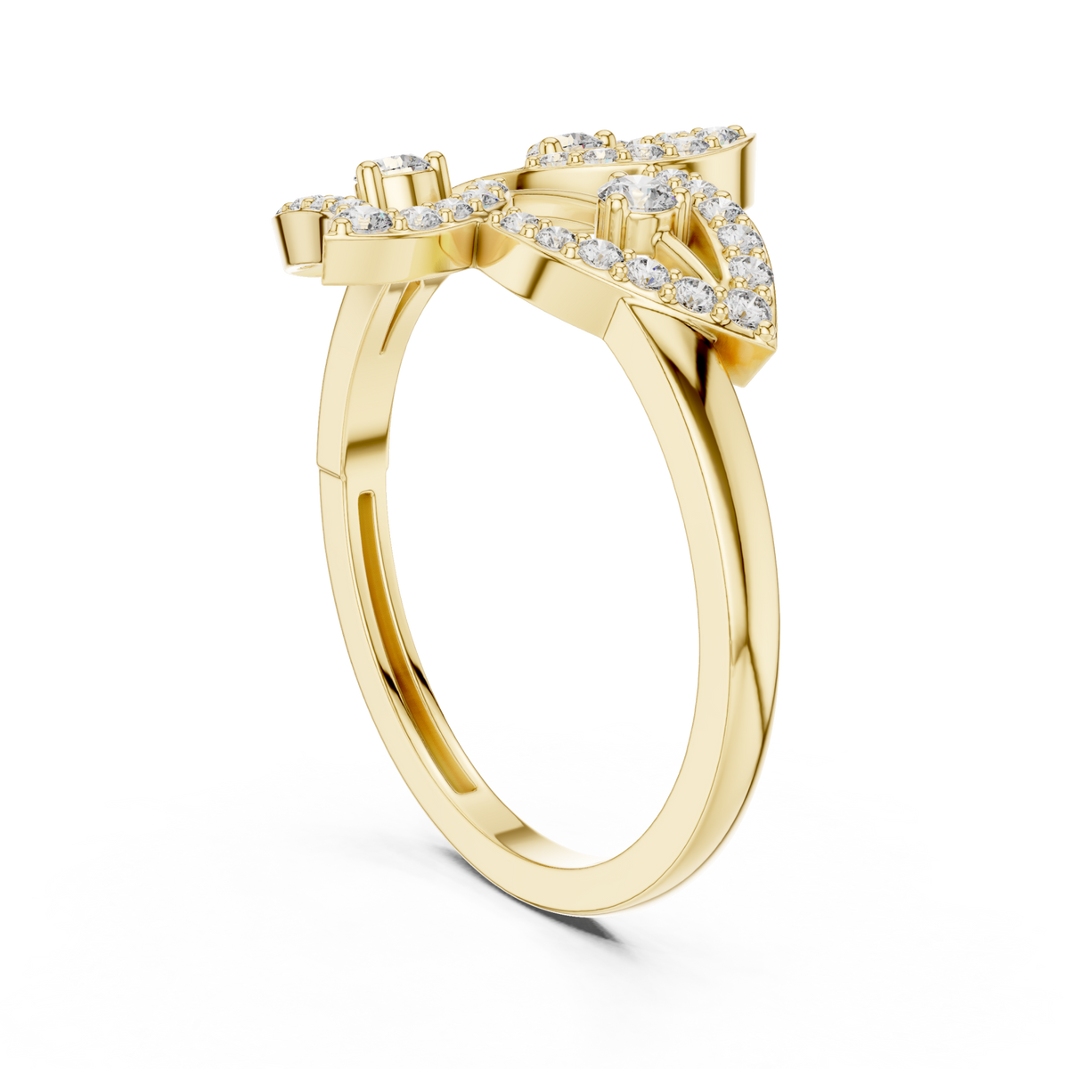 Pave leaf wrap ring yellow gold side view