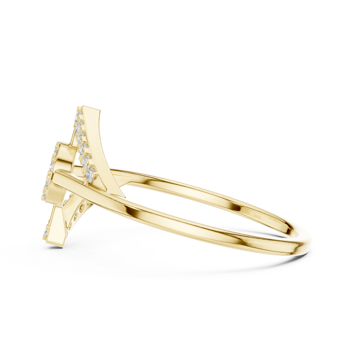 Pave ribbon fold ring yellow gold angle view