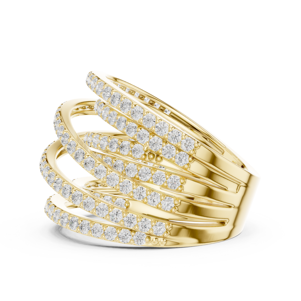 Pave spiral wrap dome ring yellow gold angle view