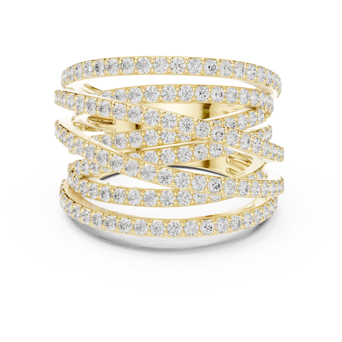 Pave spiral wrap dome ring yellow gold detail view