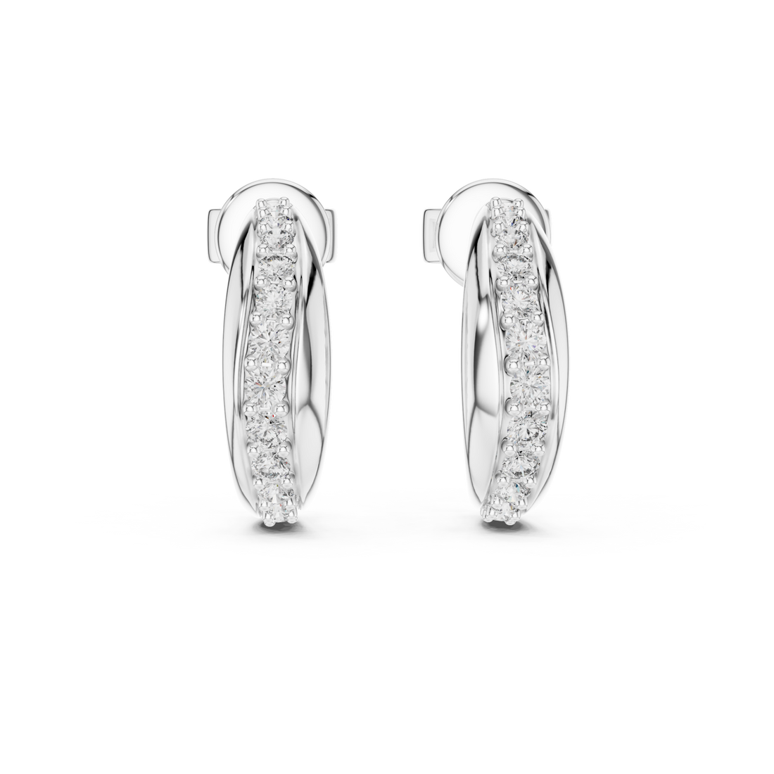  White Gold Pave Tapered J-Hoops Front View