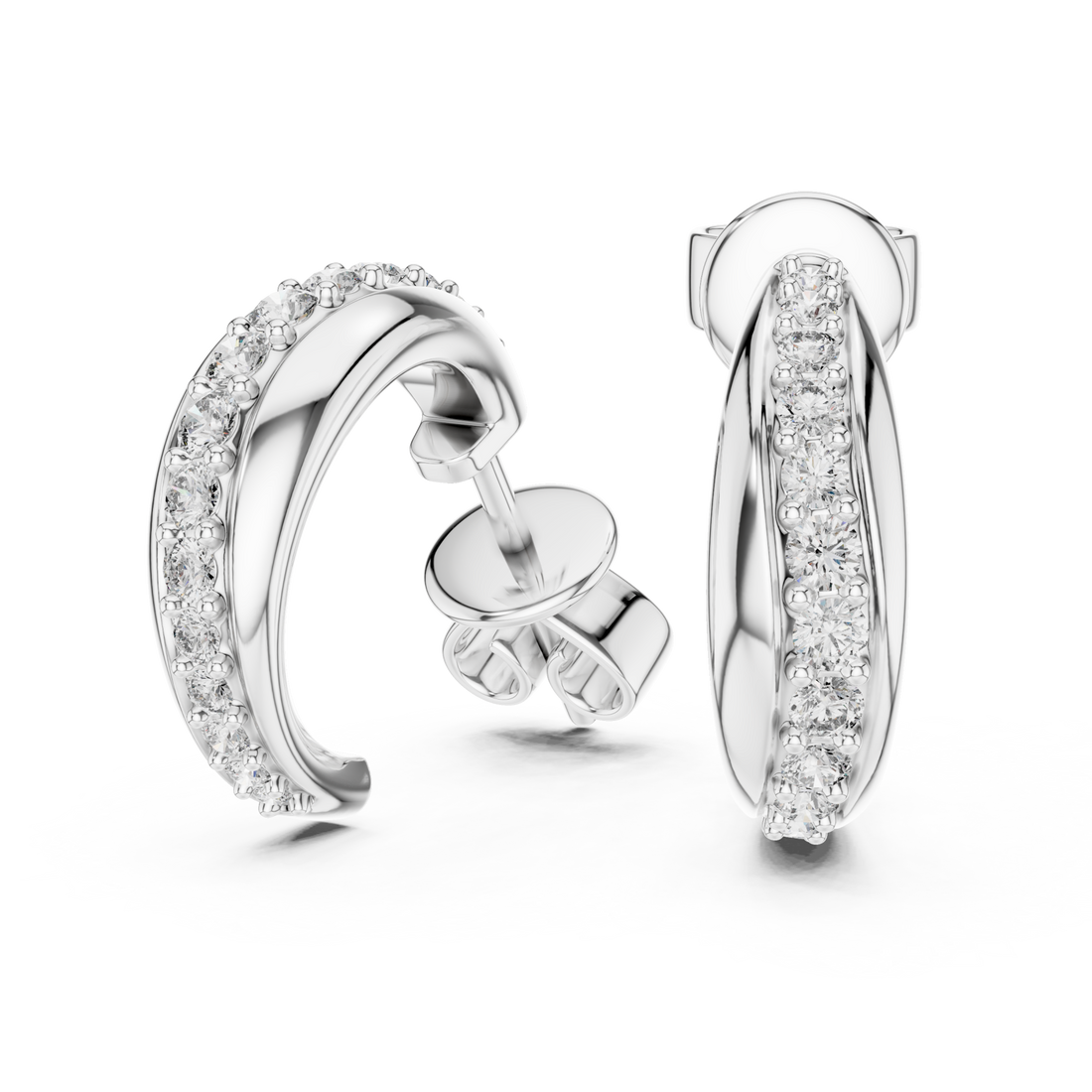  White Gold Pave Tapered J-Hoops Front View