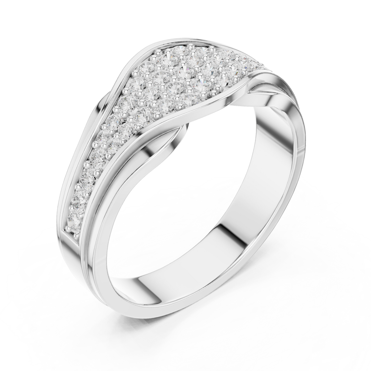 Pave wave crossover band white gold front view