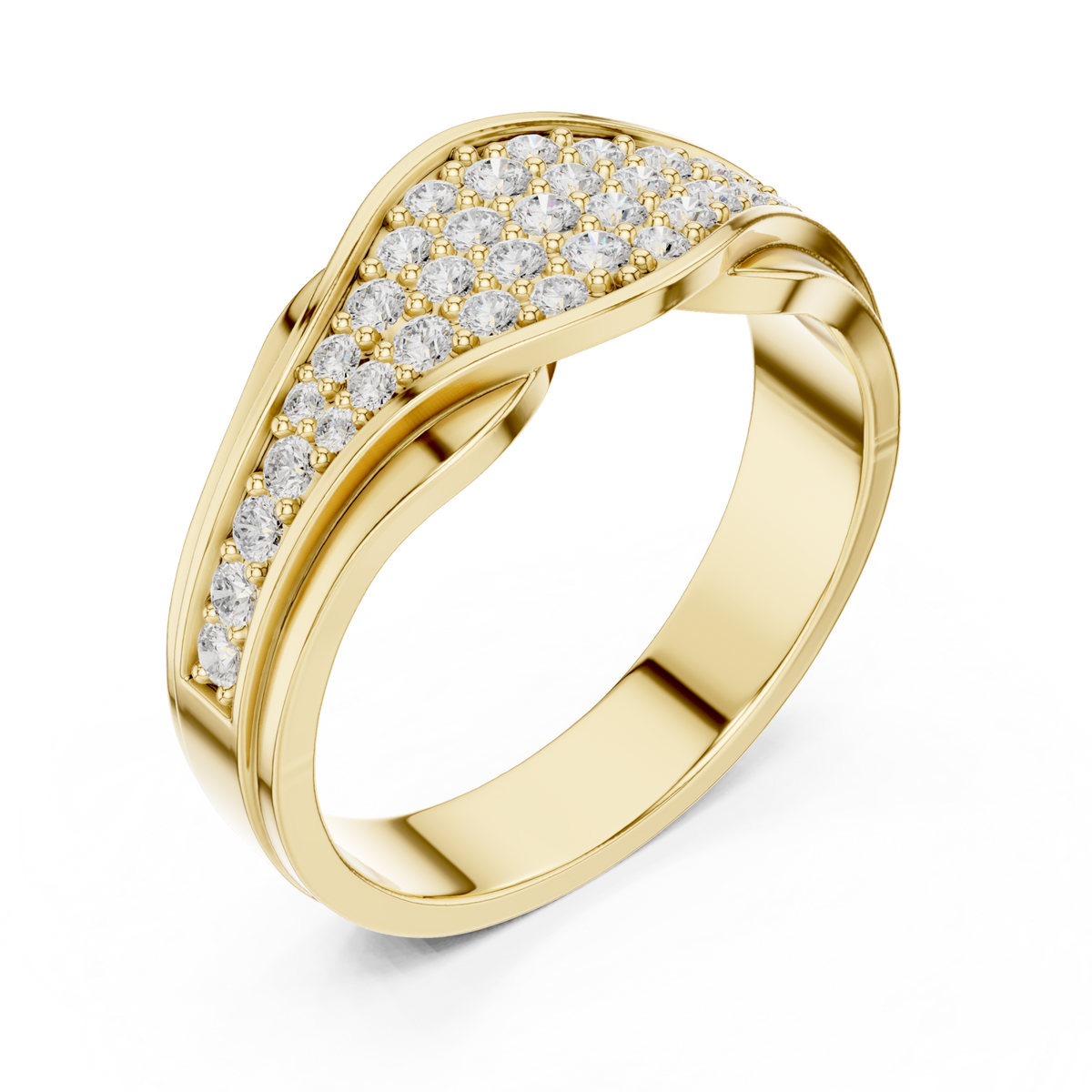 Pave wave crossover band yellow gold front view