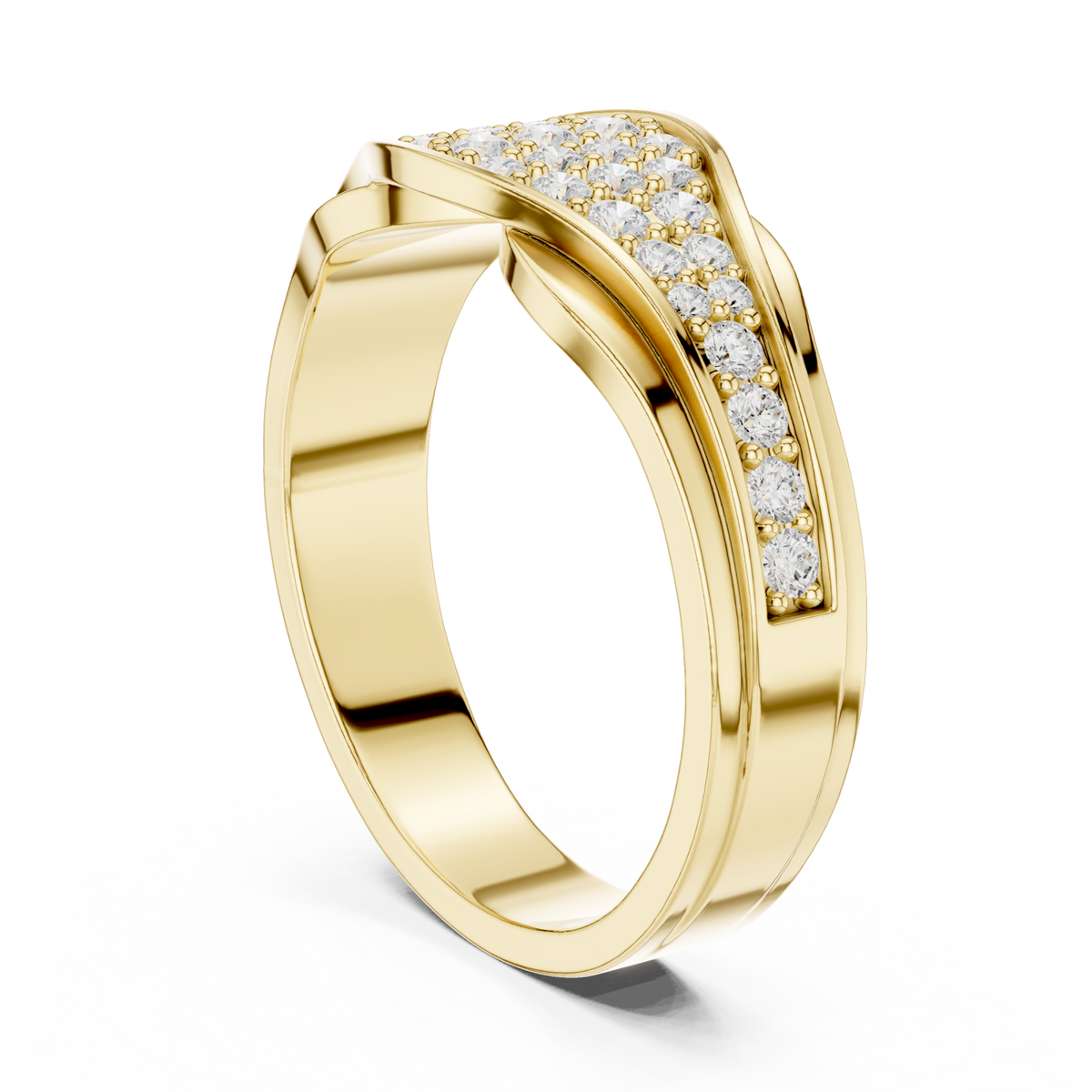 Pave wave crossover band yellow gold side view