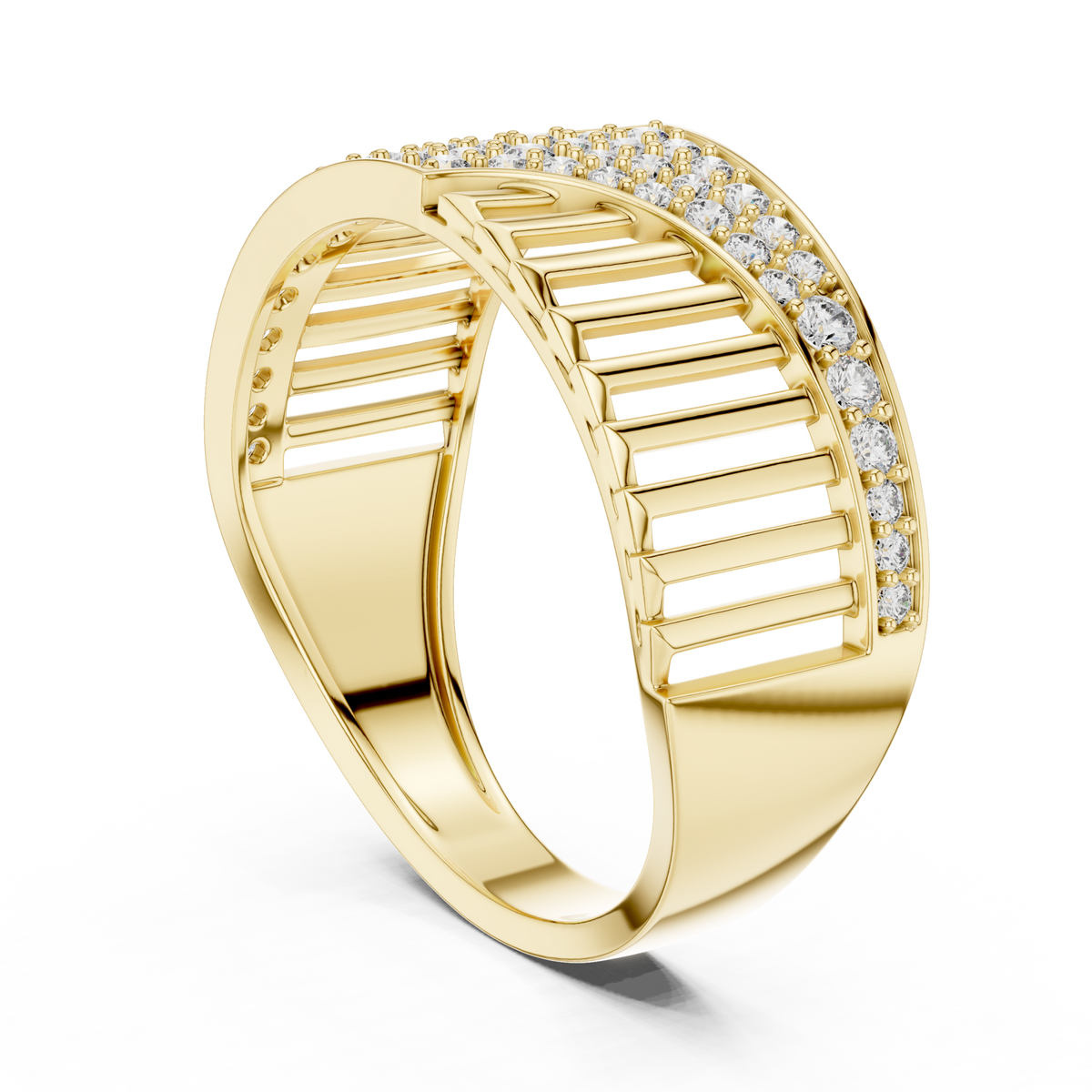 Pave wing and ladder ring yellow gold side view