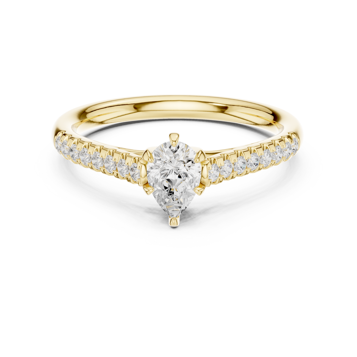 Pear-cut diamond classic pave solitaire engagement ring yellow gold detail view