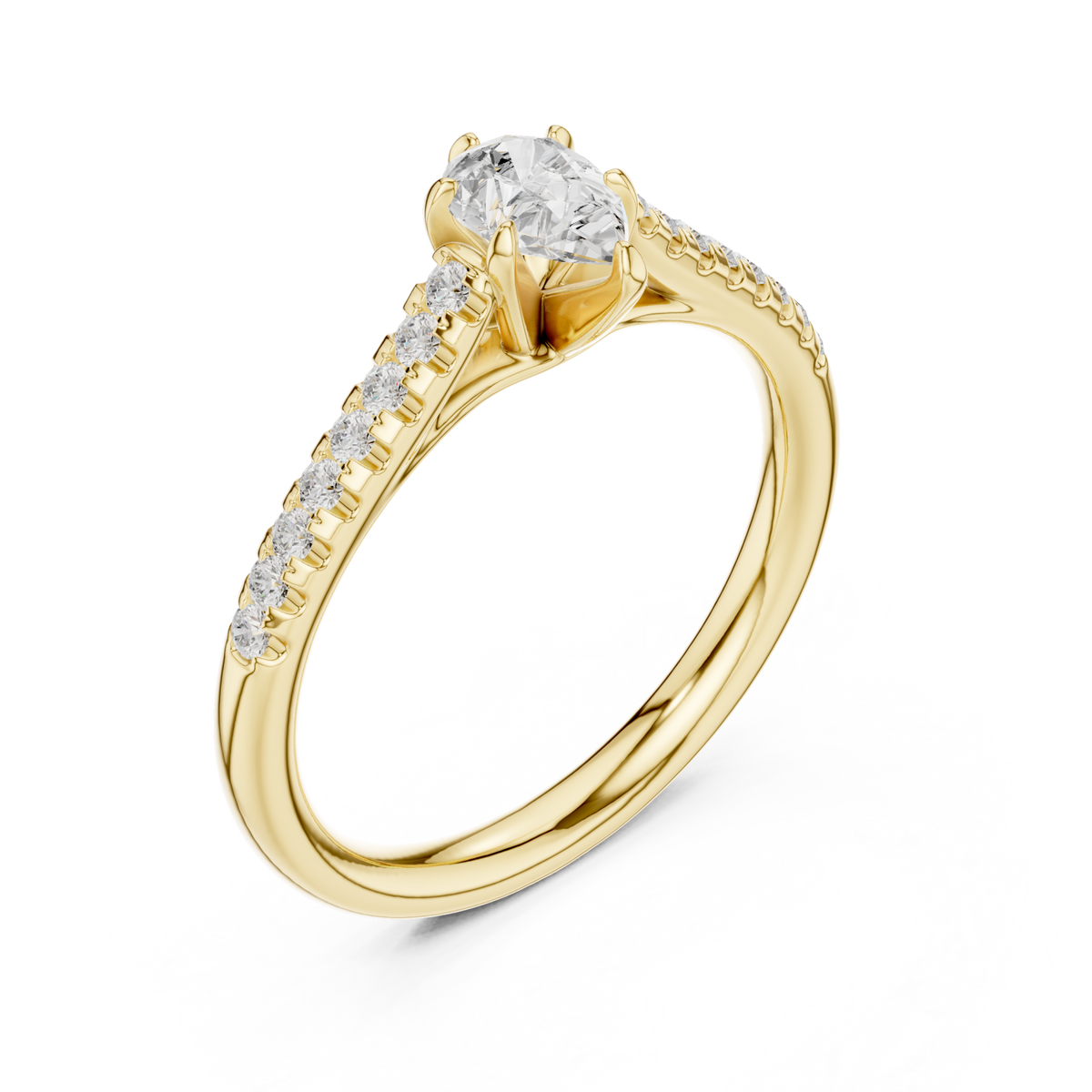 Pear-cut diamond classic pave solitaire engagement ring yellow gold front view