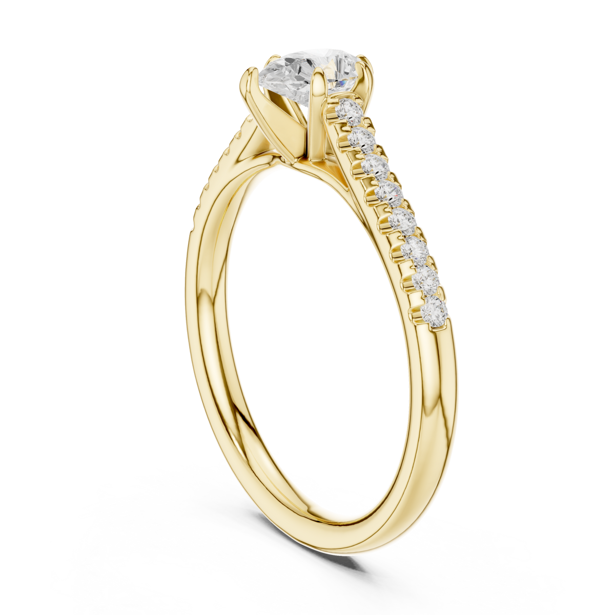 Pear-cut diamond classic pave solitaire engagement ring yellow gold side view