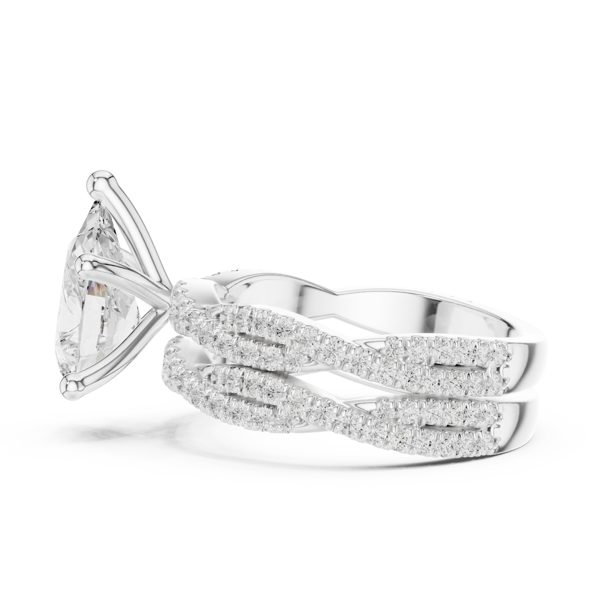 Pear-shaped twisted pave solitaire bridal set white gold angle view