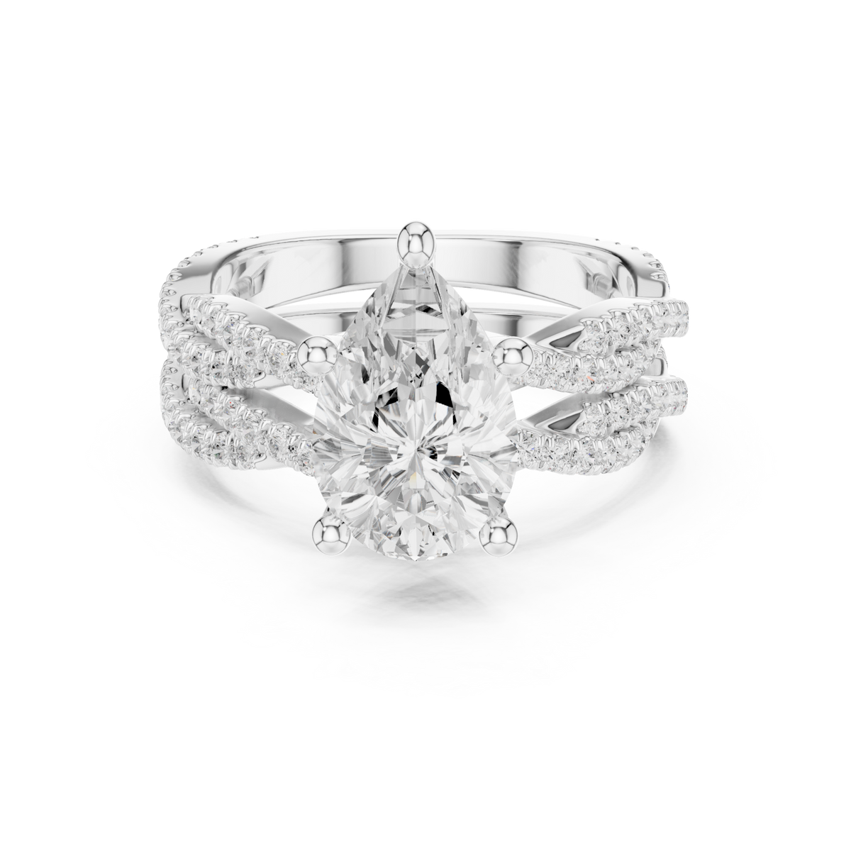Pear-shaped twisted pave solitaire bridal set white gold detail view
