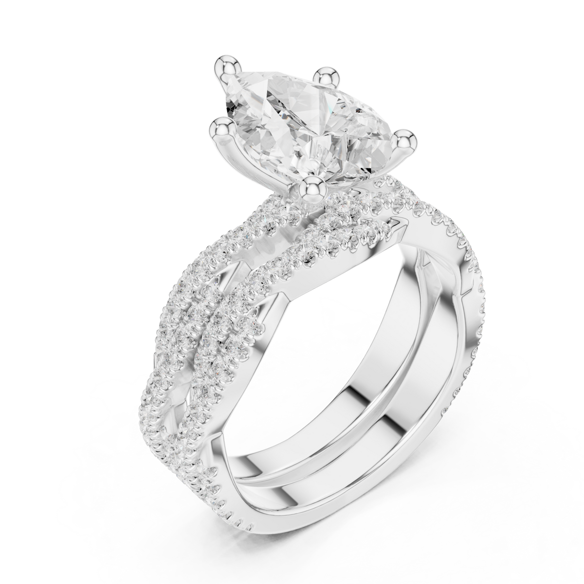 Pear-shaped twisted pave solitaire bridal set white gold front view
