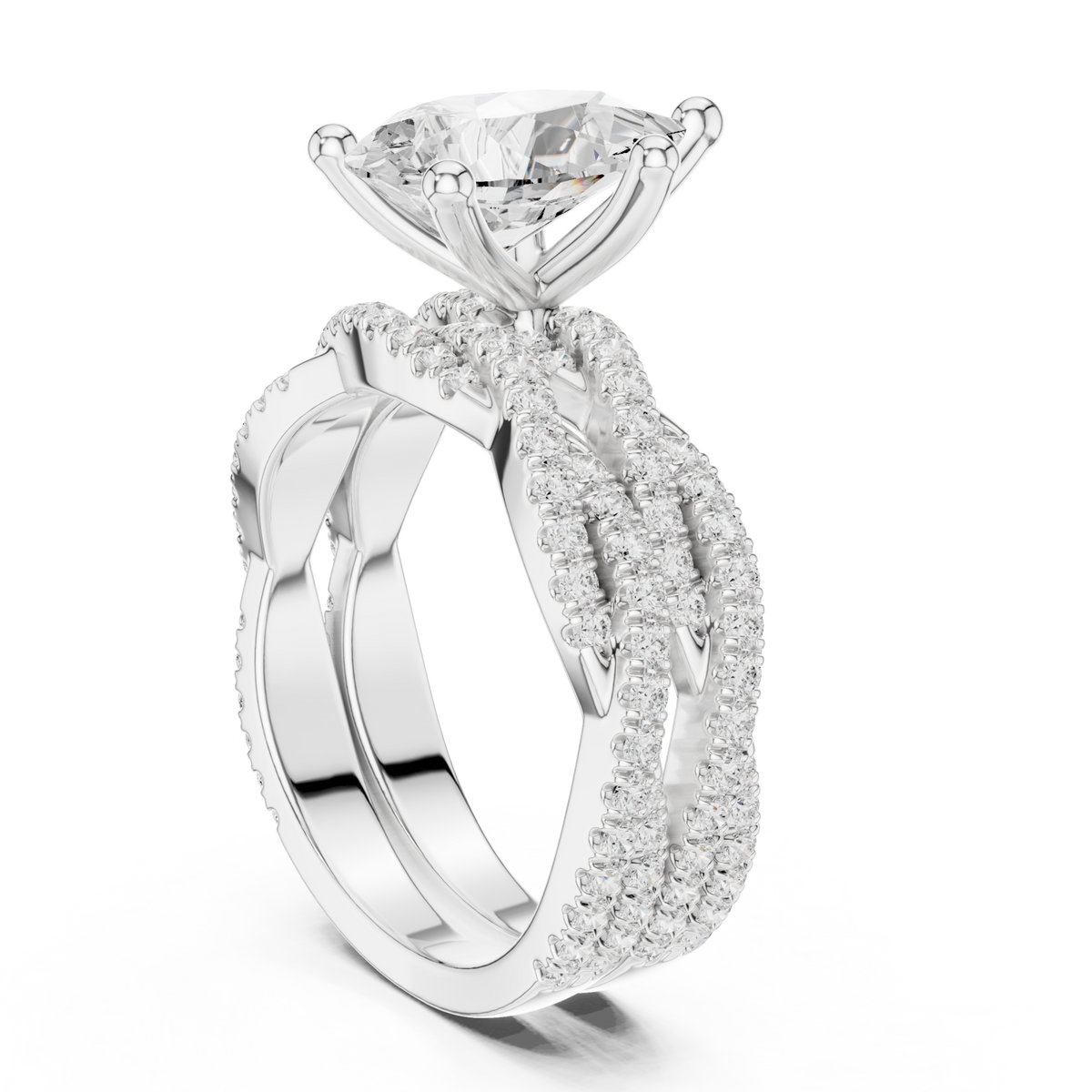 Pear-shaped twisted pave solitaire bridal set white gold side view