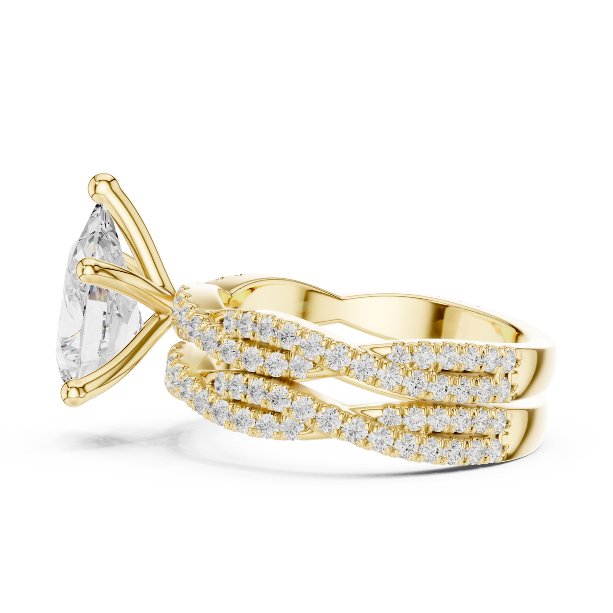 Pear-shaped twisted pave solitaire bridal set yellow gold angle view