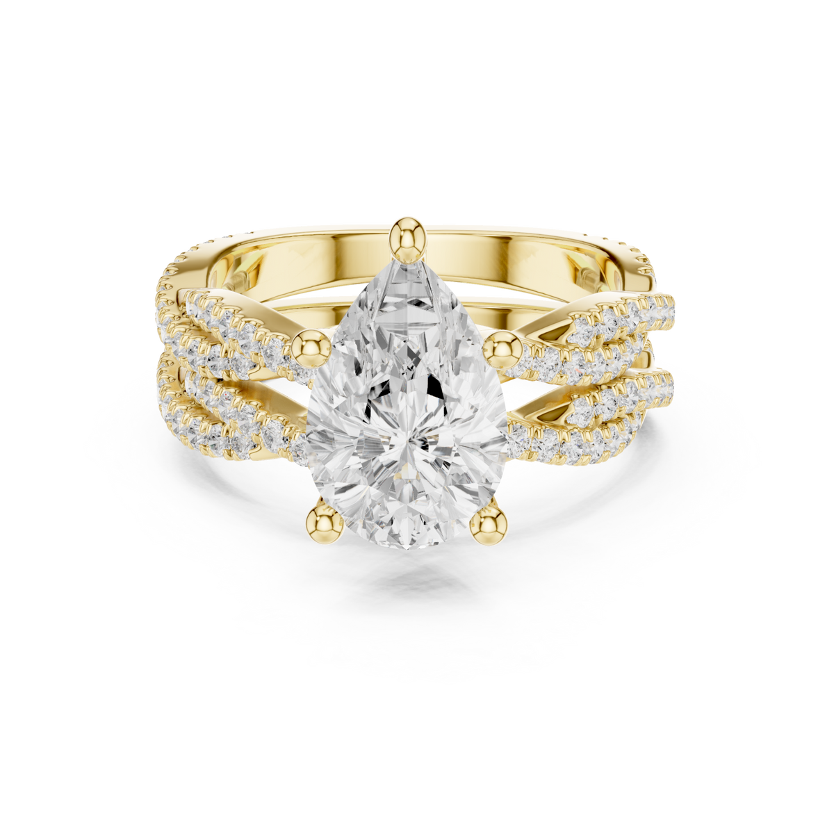 Pear-shaped twisted pave solitaire bridal set yellow gold detail view
